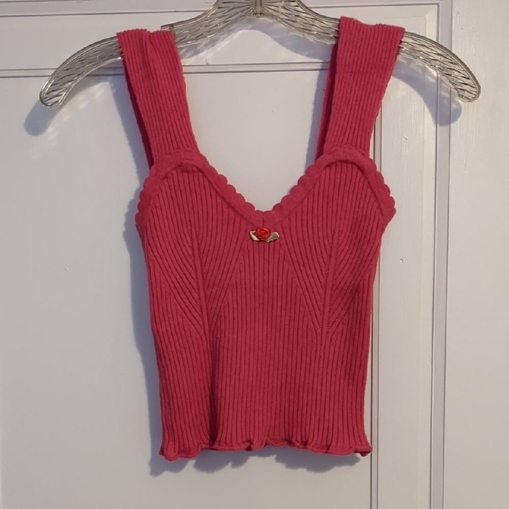 RIHOAS Pink Ribbed Knit Tank Top Sleeveless Stretch Knit Rosette Small